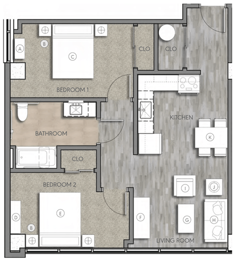 Floor plan for 2 beds, 1 bath, 719 sqft